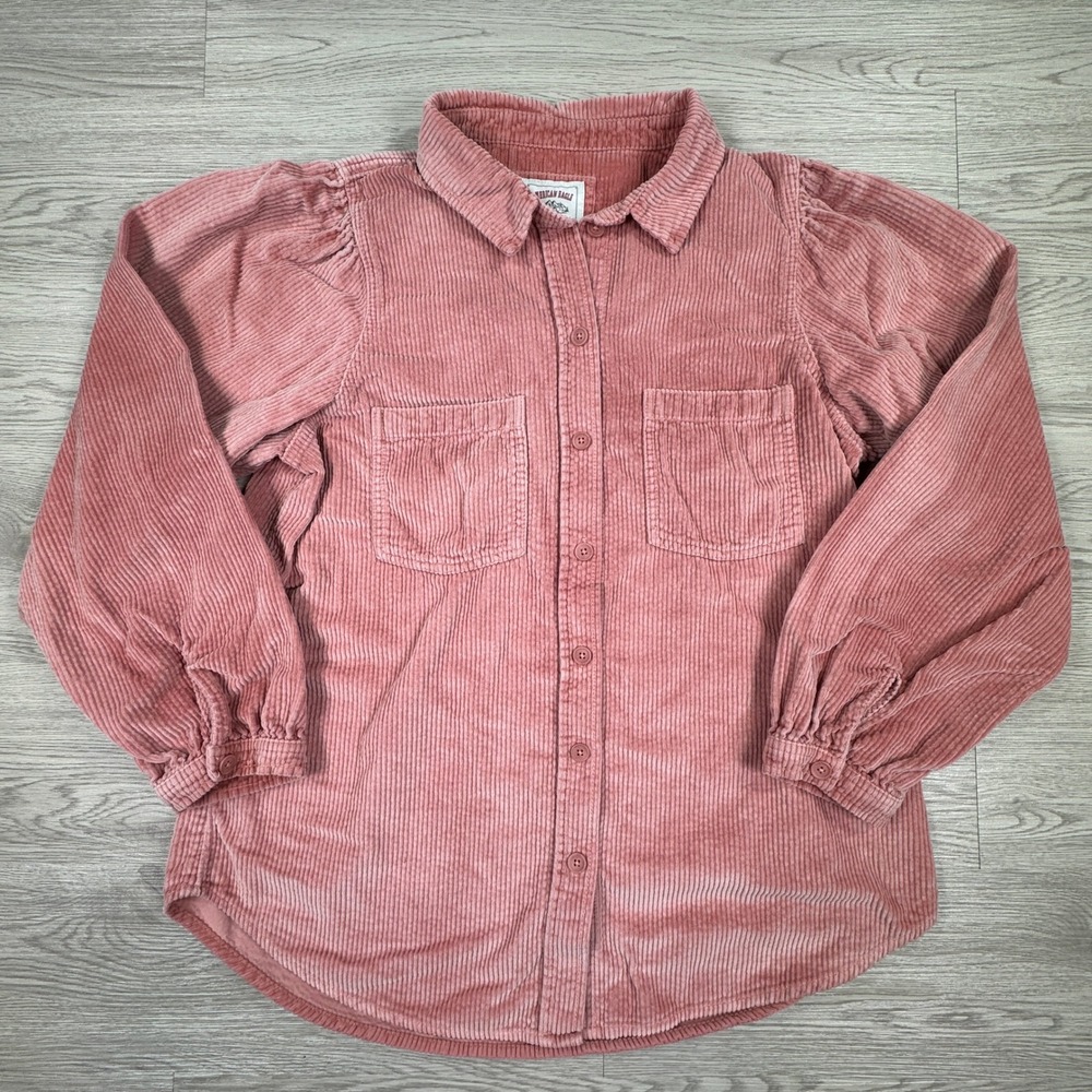 American Eagle Womens Corduroy Button Down Shirt Pink Medium Puff Sleeve Cotton